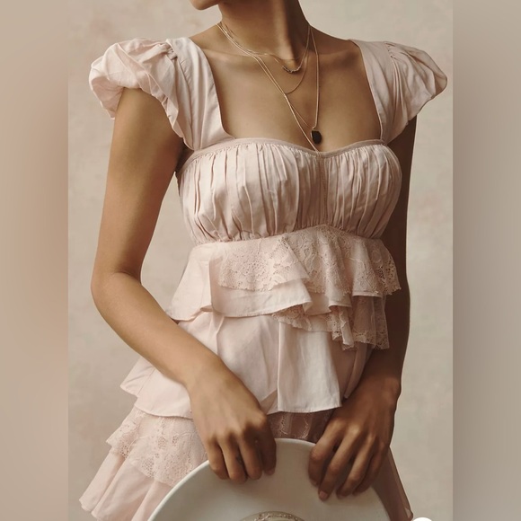 Anthropologie Square Neck Cap Sleeves Ruffle Lace Midi Dress Size Medium - Picture 3 of 10